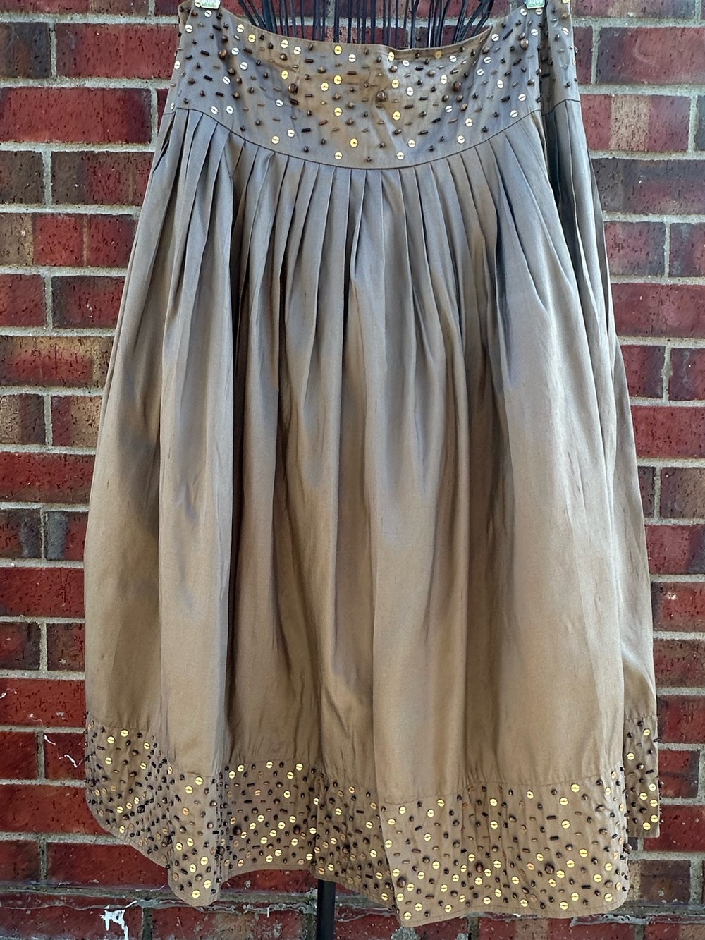 INC International Concepts 100% Silk Beaded Pleated Bronze MIDI Skirt BOHO Luxe